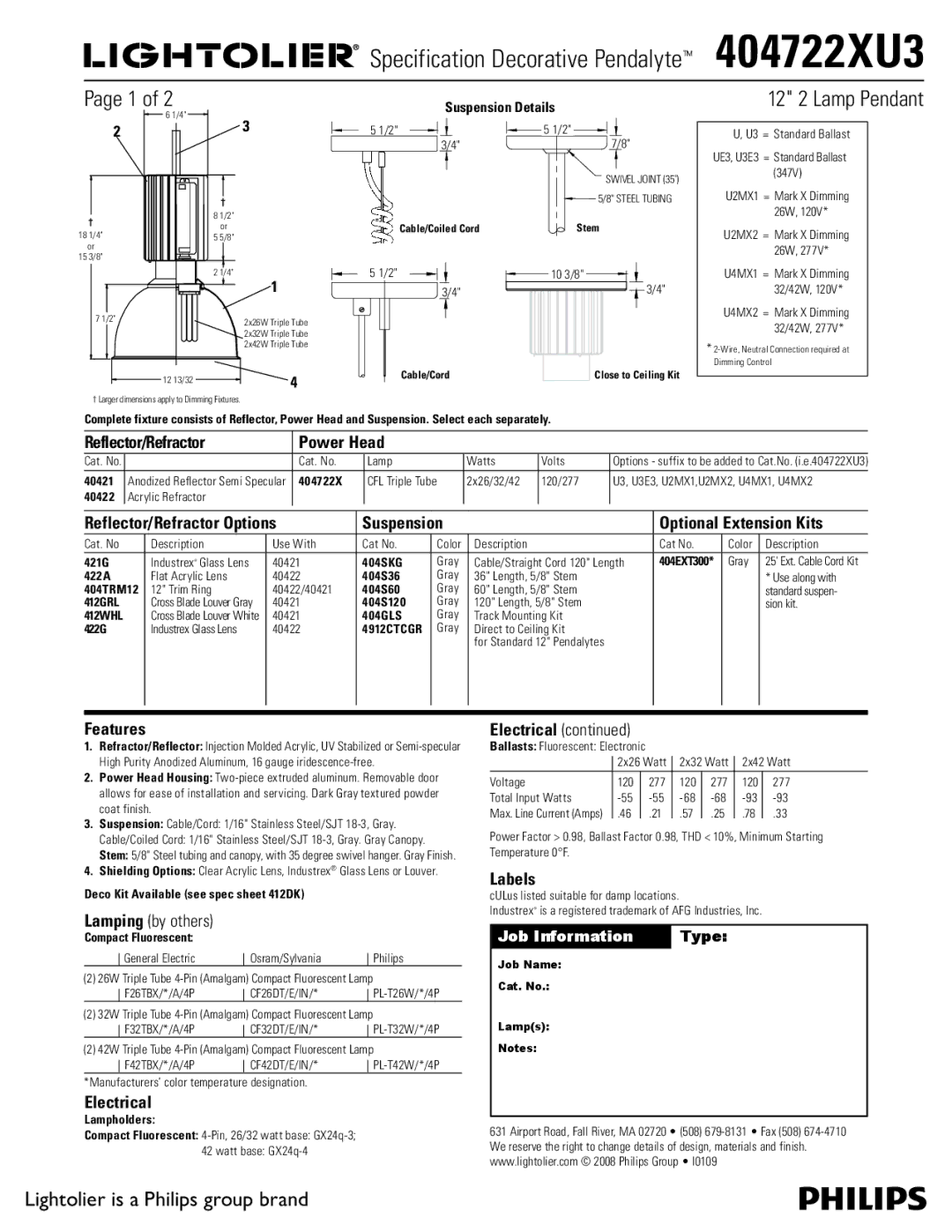 Lightolier 404722XU3 dimensions Reflector/Refractor Power Head, Features, Electrical, Labels, Suspension Details 