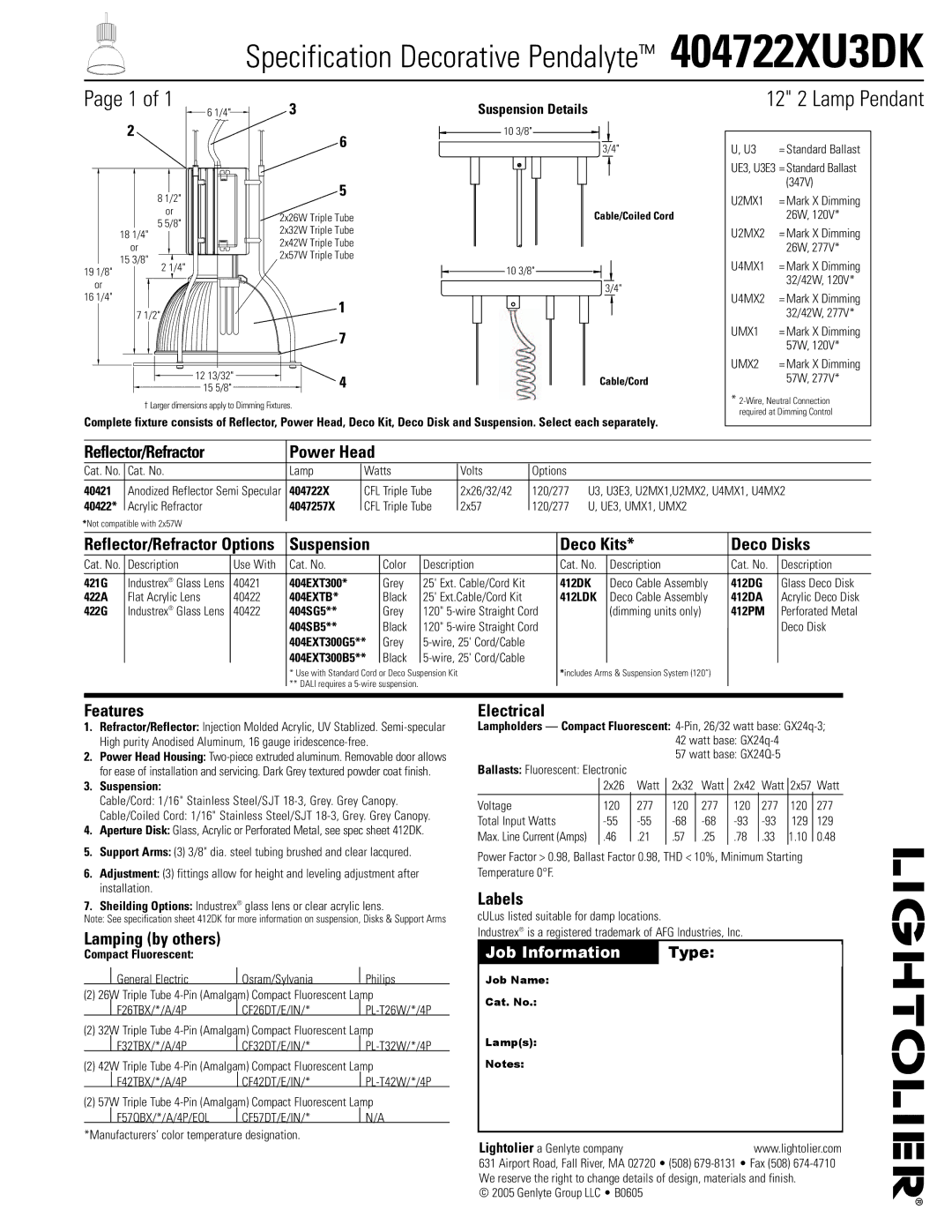 Lightolier 404722XU3DK specifications Reflector/Refractor Power Head, Deco Kits Deco Disks, Features, Lamping by others 