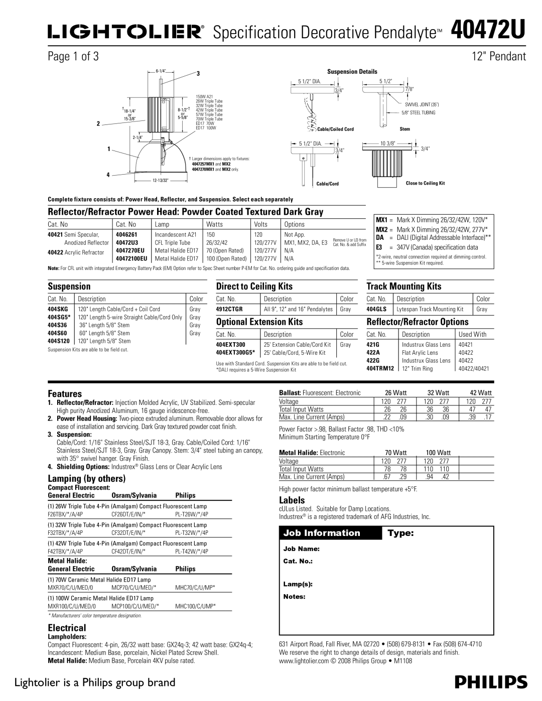 Lightolier 40472U dimensions Suspension Direct to Ceiling Kits, Optional Extension Kits, Features, Lamping by others 