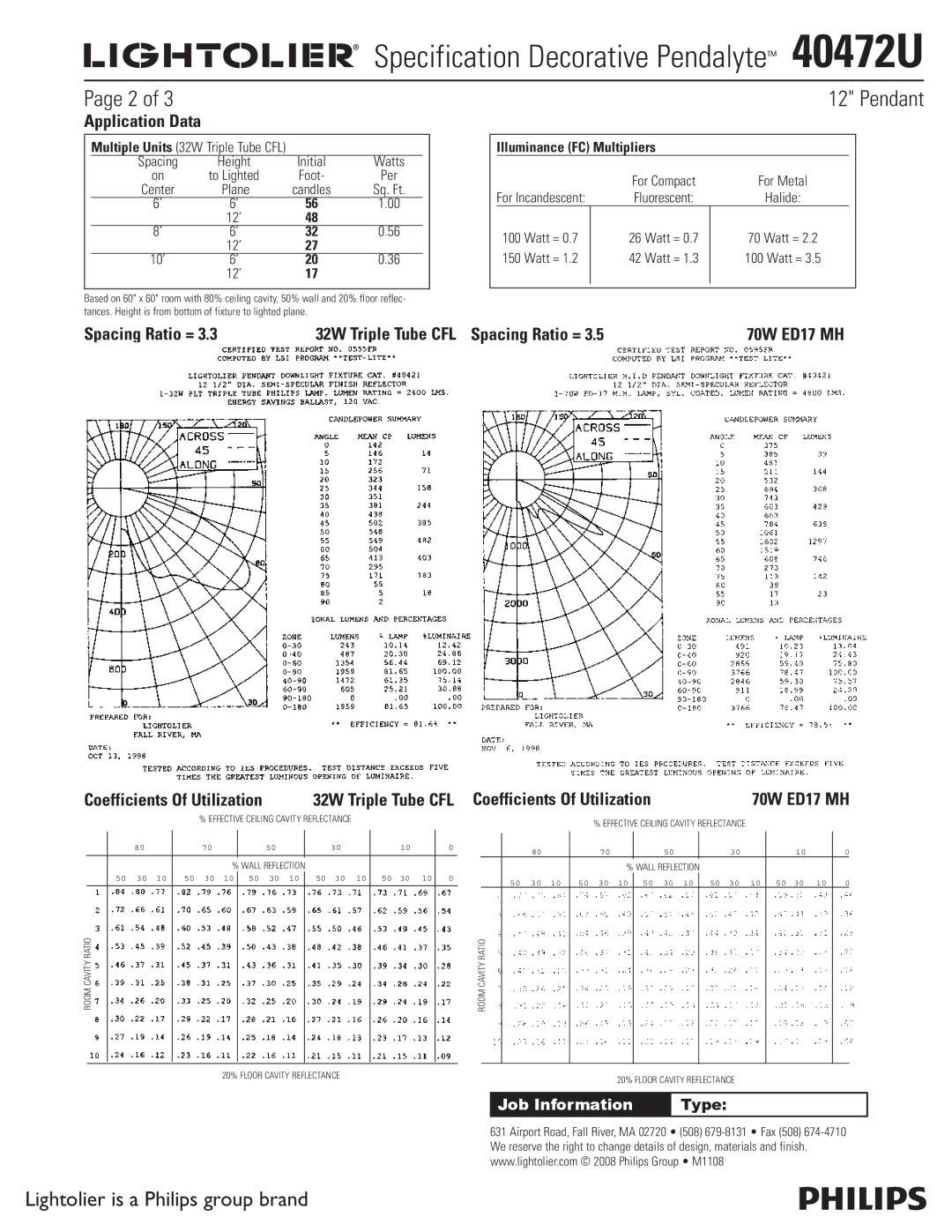 Lightolier 40472U dimensions Application Data, Spacing Ratio = 32W Triple Tube CFL Spacing Ratio = 