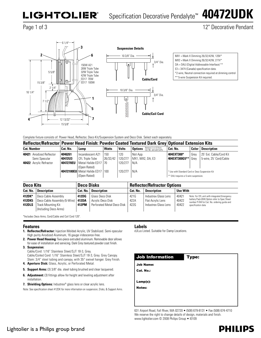 Lightolier 40472UDK specifications Deco Kits Deco Disks, Features, Labels 