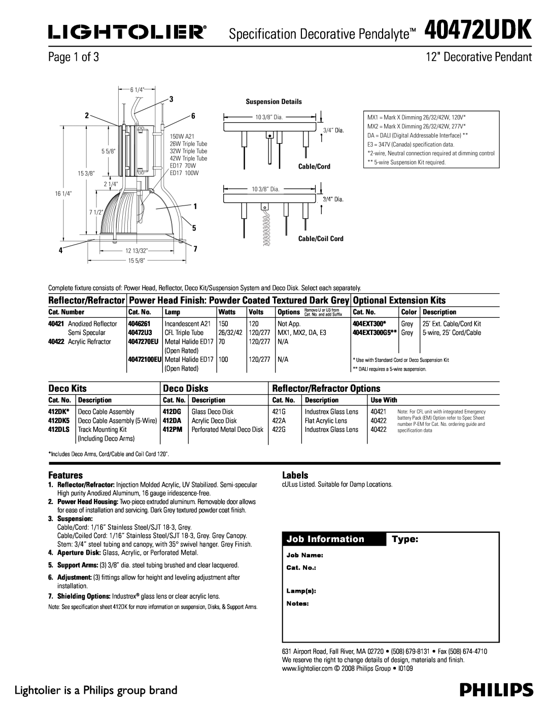 Lightolier specifications Decorative Pendant, Specification Decorative Pendalyte 40472UDK, Page 1 of, Deco Kits, Labels 