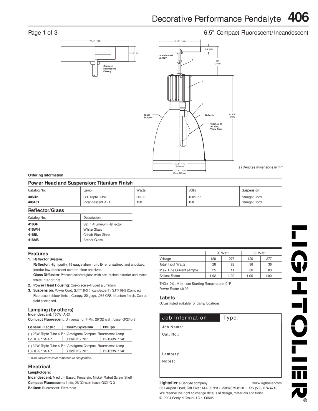 Lightolier 406 dimensions Power Head and Suspension Titanium Finish, Reflector/Glass, Features, Labels, Lamping by others 