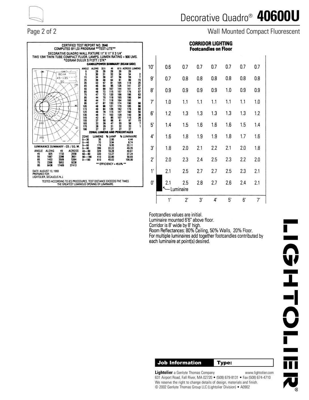 Lightolier 40600U specifications Wall Mounted Compact Fluorescent 