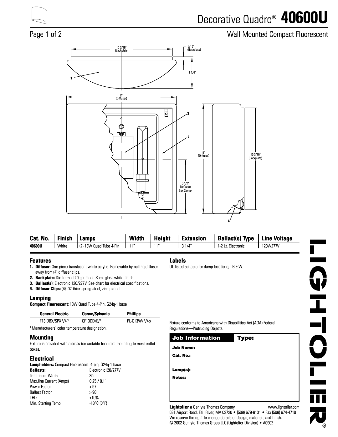 Lightolier specifications Decorative Quadro 40600U, Page 1 of, Wall Mounted Compact Fluorescent, Cat. No, Finish, Lamps 