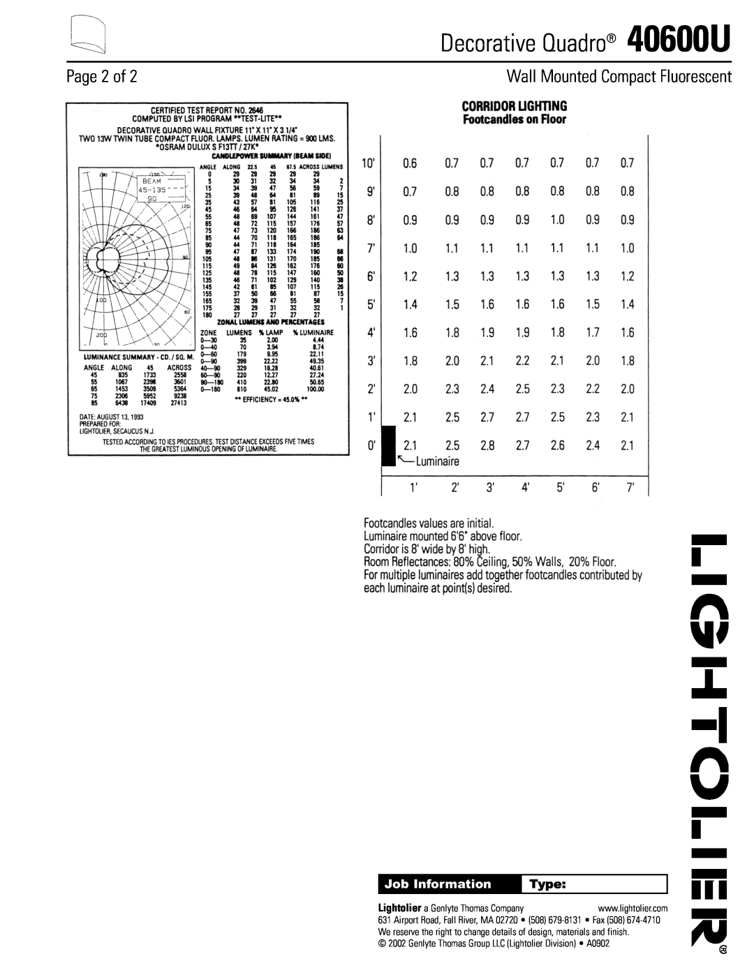 Lightolier specifications Page 2 of, Type, Decorative Quadro 40600U, Wall Mounted Compact Fluorescent, Job Information 