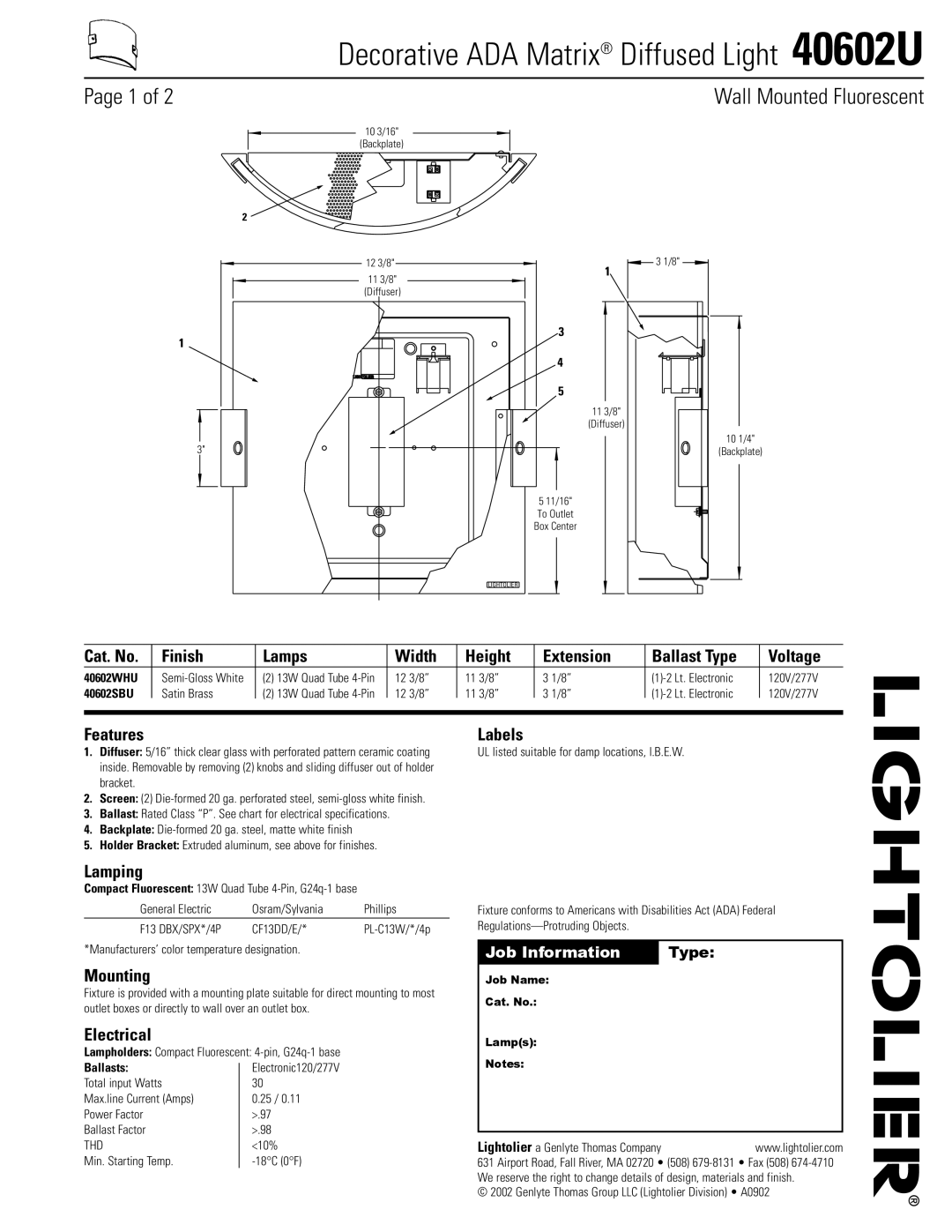 Lightolier 40602U specifications Labels, Lamping, Mounting, Electrical 