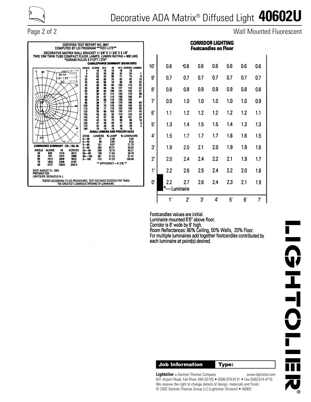 Lightolier 40602U specifications Job Information 