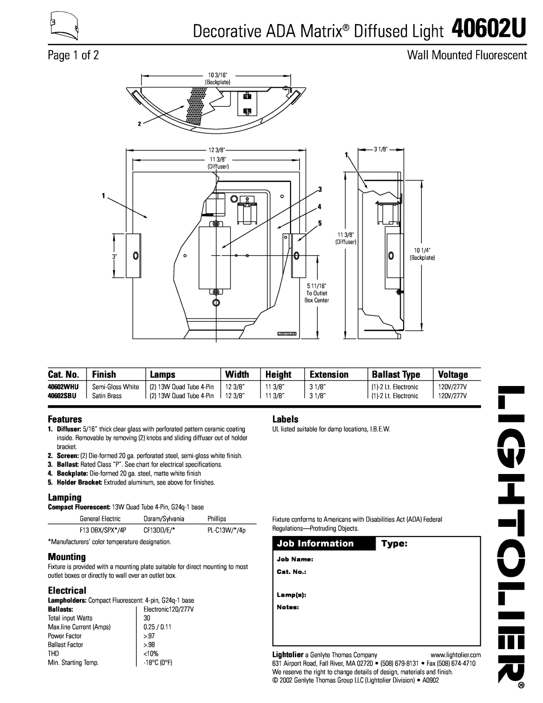 Lightolier specifications Decorative ADA Matrix Diffused Light 40602U, Page 1 of, Wall Mounted Fluorescent, Cat. No 