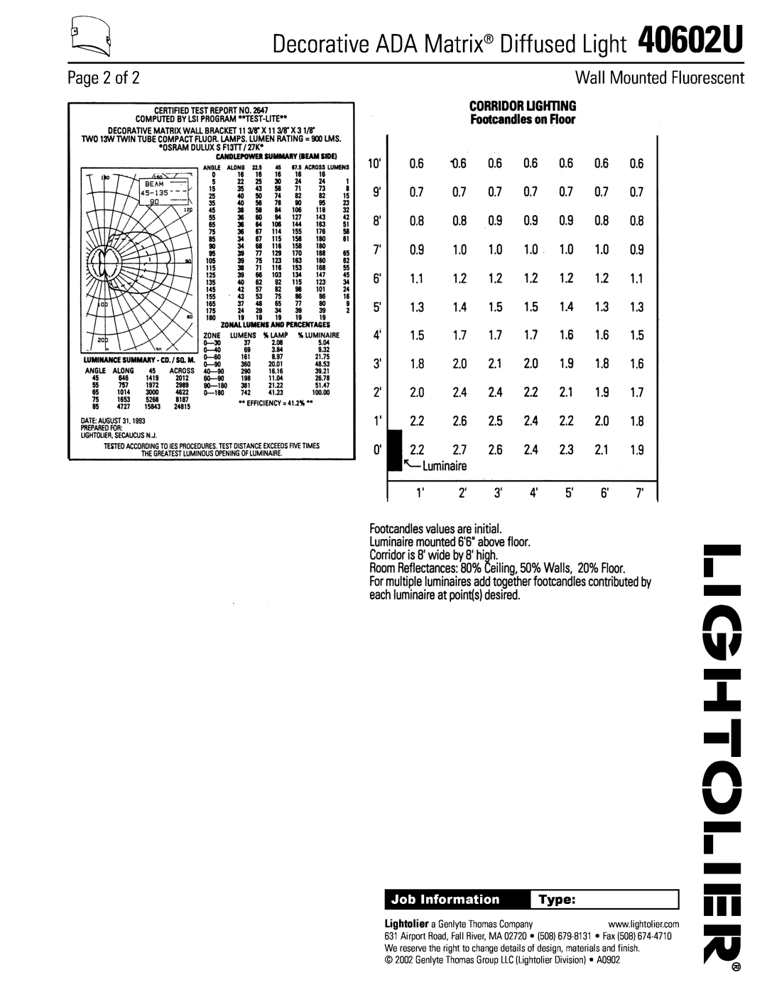 Lightolier Page 2 of, Type, Decorative ADA Matrix Diffused Light 40602U, Wall Mounted Fluorescent, Job Information 