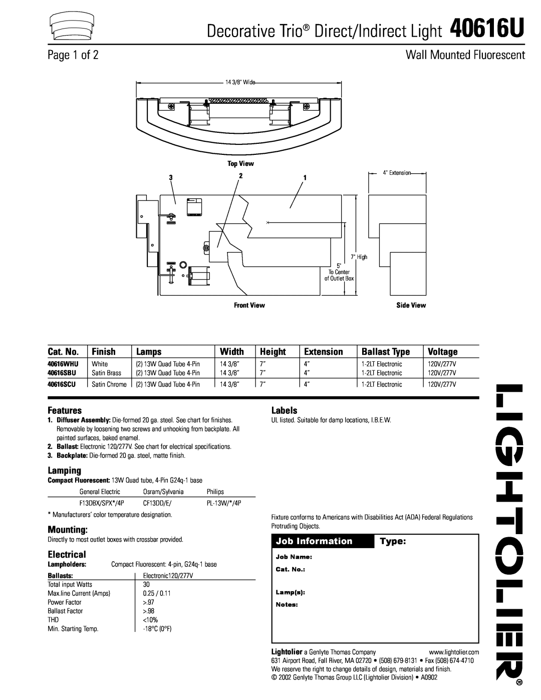 Lightolier specifications Decorative Trio Direct/Indirect Light 40616U, Page 1 of, Wall Mounted Fluorescent, Cat. No 