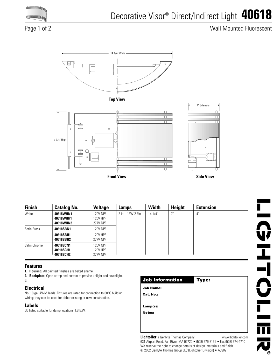 Lightolier 40618 manual Decorative Visor Direct/Indirect Light, Wall Mounted Fluorescent 