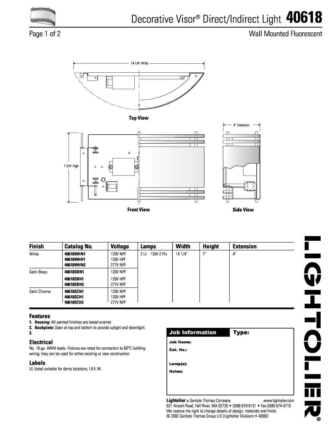 Lightolier 40618 manual Decorative Visor Direct/Indirect Light, Page 1 of, Wall Mounted Fluorescent, Finish, Catalog No 