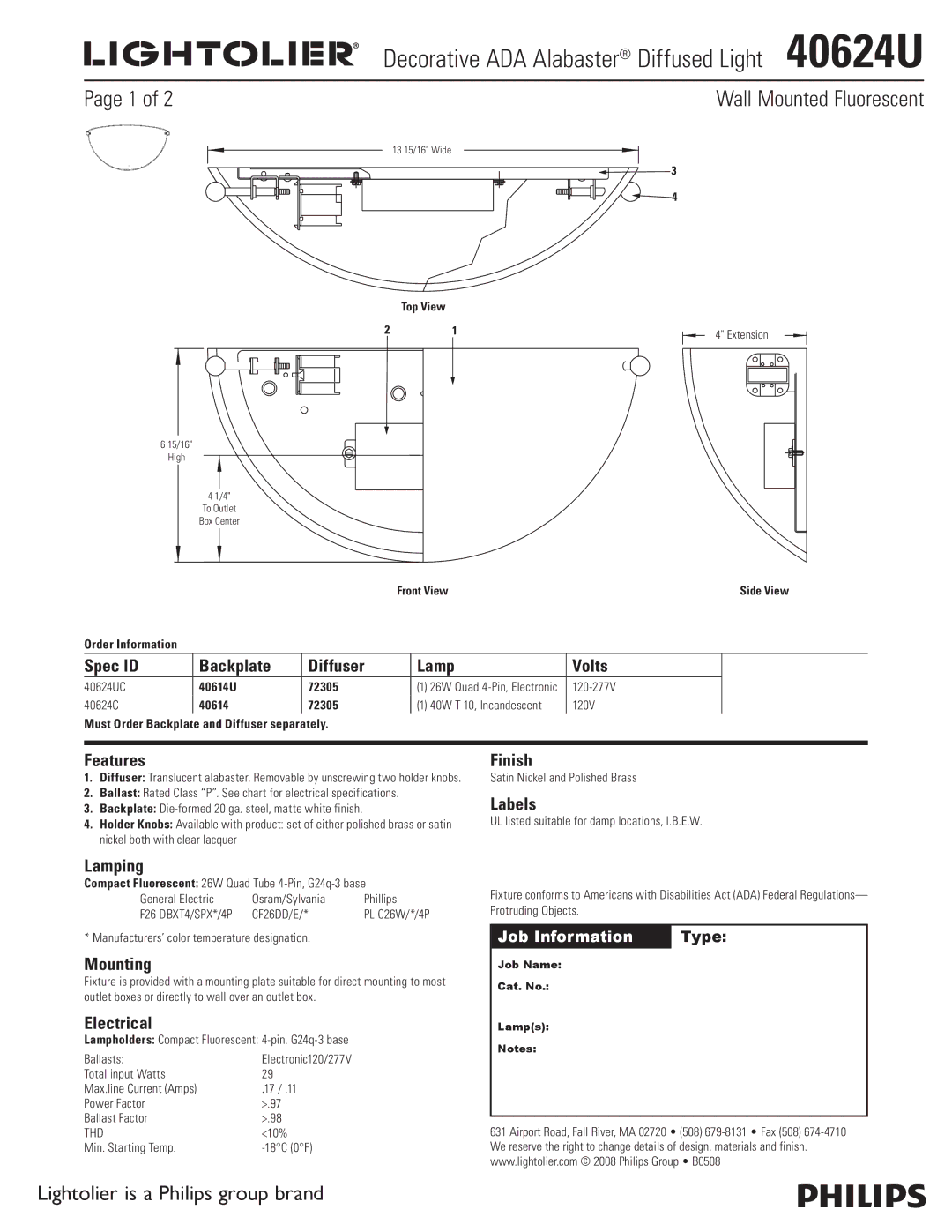 Lightolier 40624U specifications Wall Mounted Fluorescent, Lightolier is a Philips group brand 