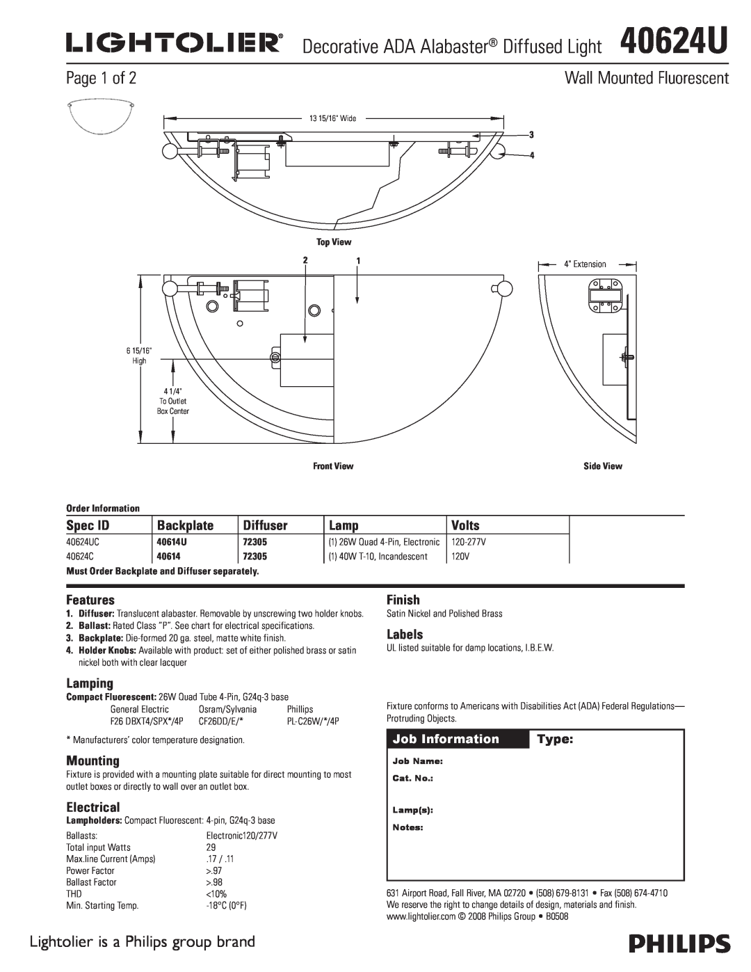 Lightolier 40624U specifications Page 1 of, Wall Mounted Fluorescent, Lightolier is a Philips group brand, Spec ID, Lamp 