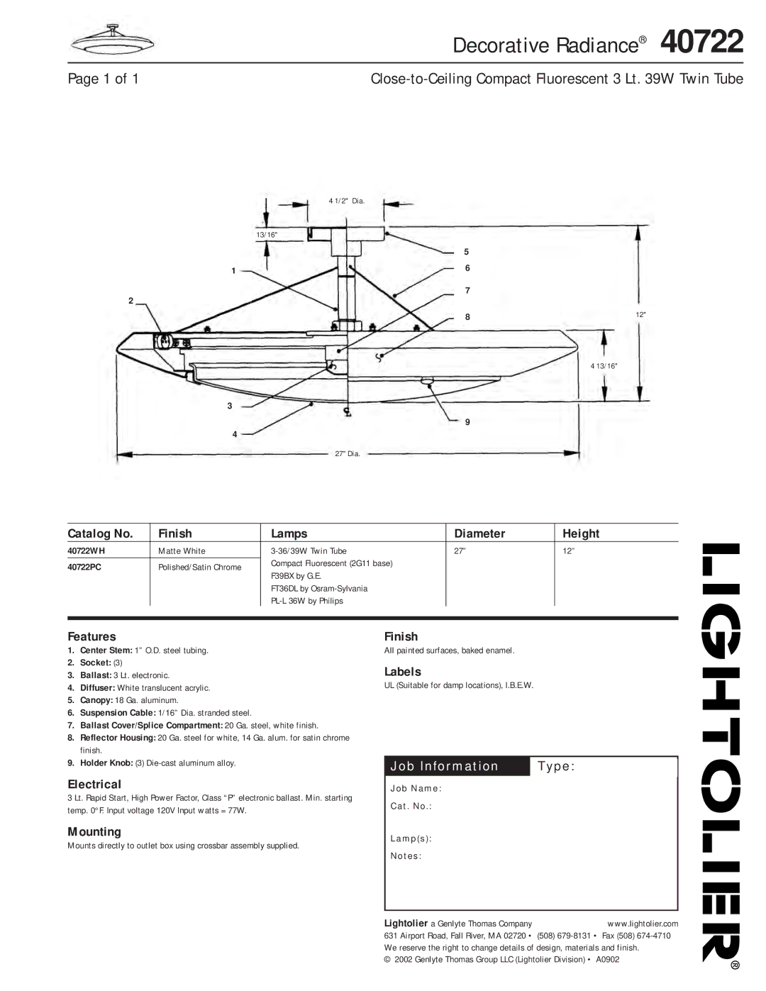 Lightolier 40722 manual Decorative Radiance 