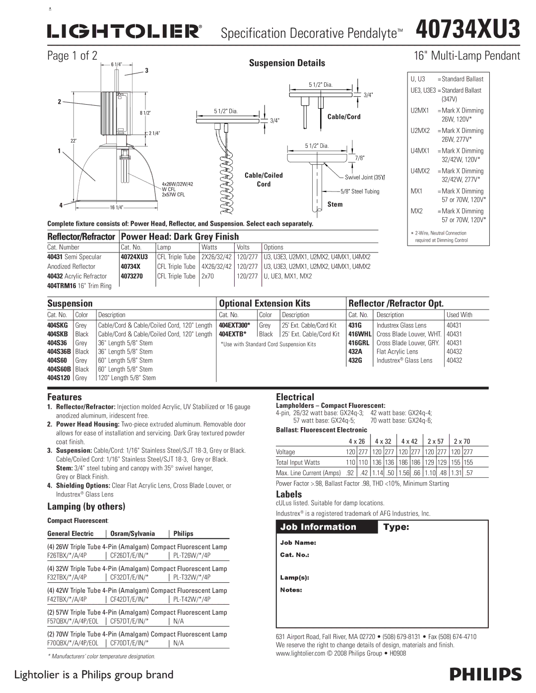 Lightolier 40734XU3 manual Suspension Details, Power Head Dark Grey Finish, Optional Extension Kits, Features, Electrical 