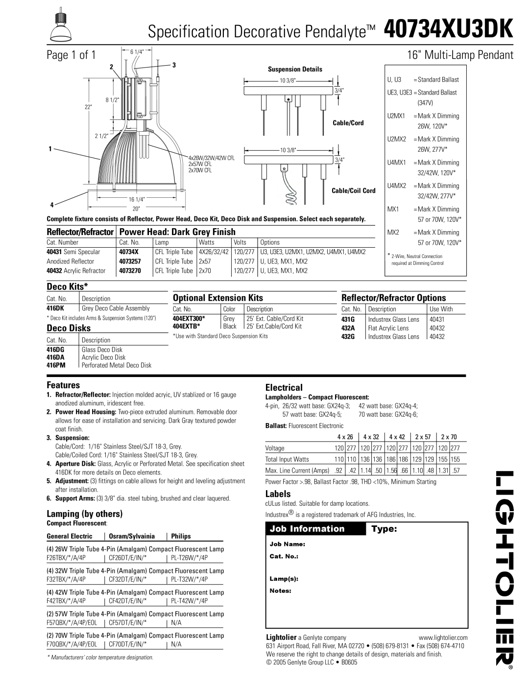 Lightolier specifications Specification Decorative Pendalyte 40734XU3DK, Page 1 of, Multi-LampPendant, Deco Kits, Type 