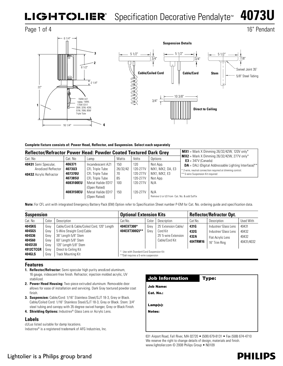 Lightolier 4073U specifications Suspension Optional Extension Kits, Features, Labels 