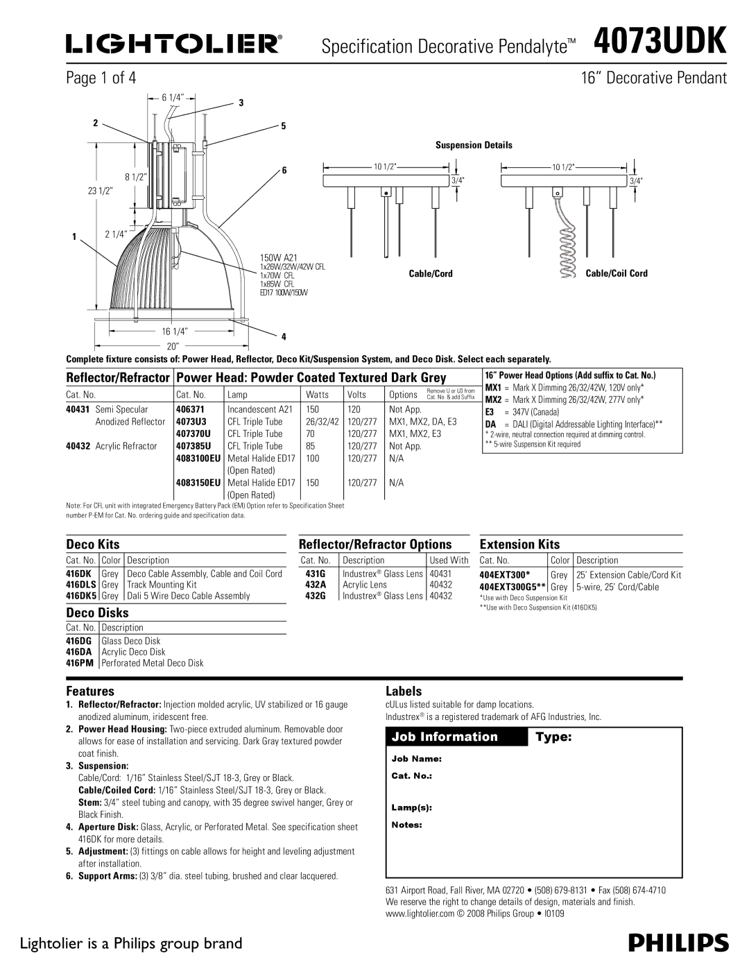 Lightolier 4073UDK specifications Deco Kits, Deco Disks, Reflector/Refractor Options, Extension Kits, Features, Labels 