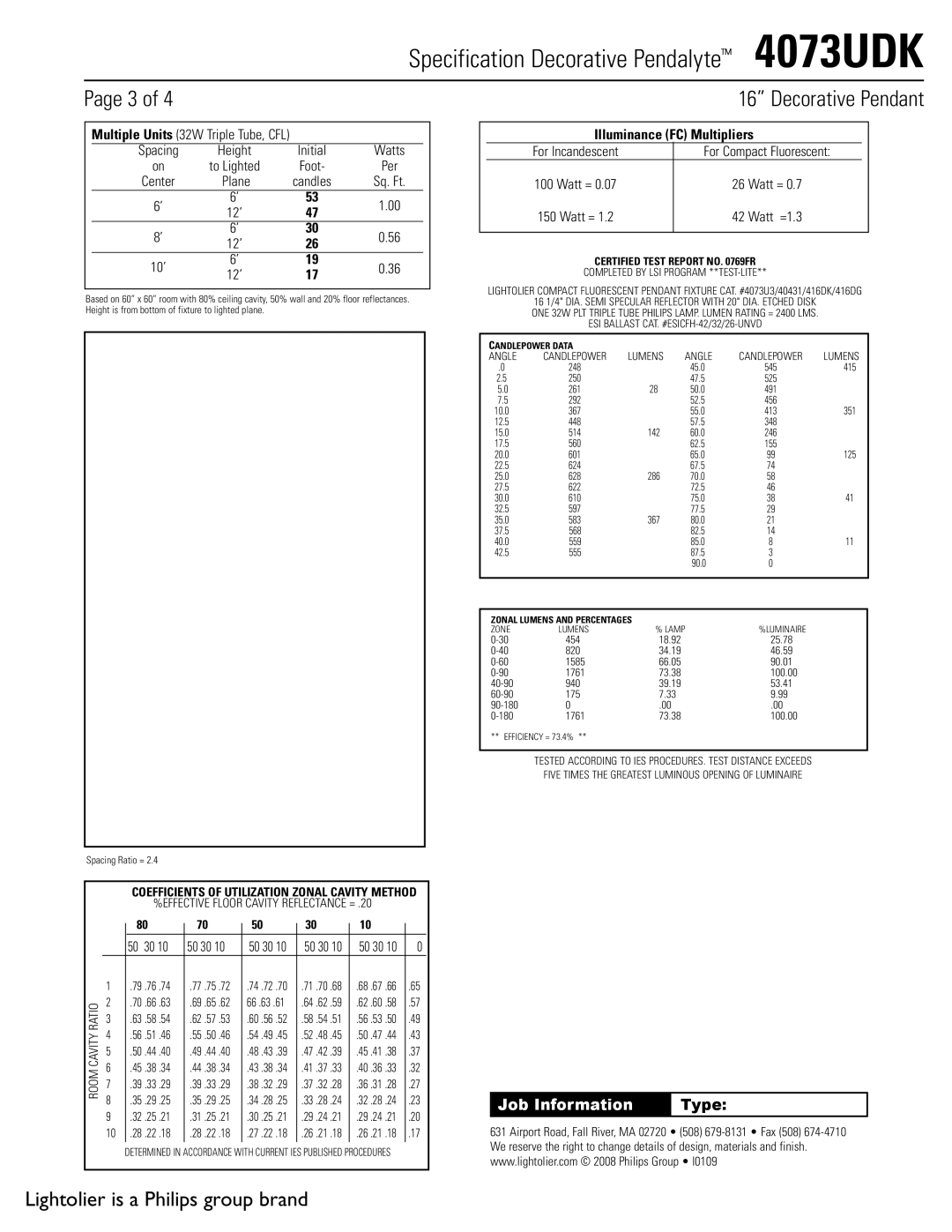 Lightolier 4073UDK Completed by LSI Program **TEST-LITE, ESI Ballast CAT. #ESICFH-42/32/26-UNVD, Angle, Lumens 