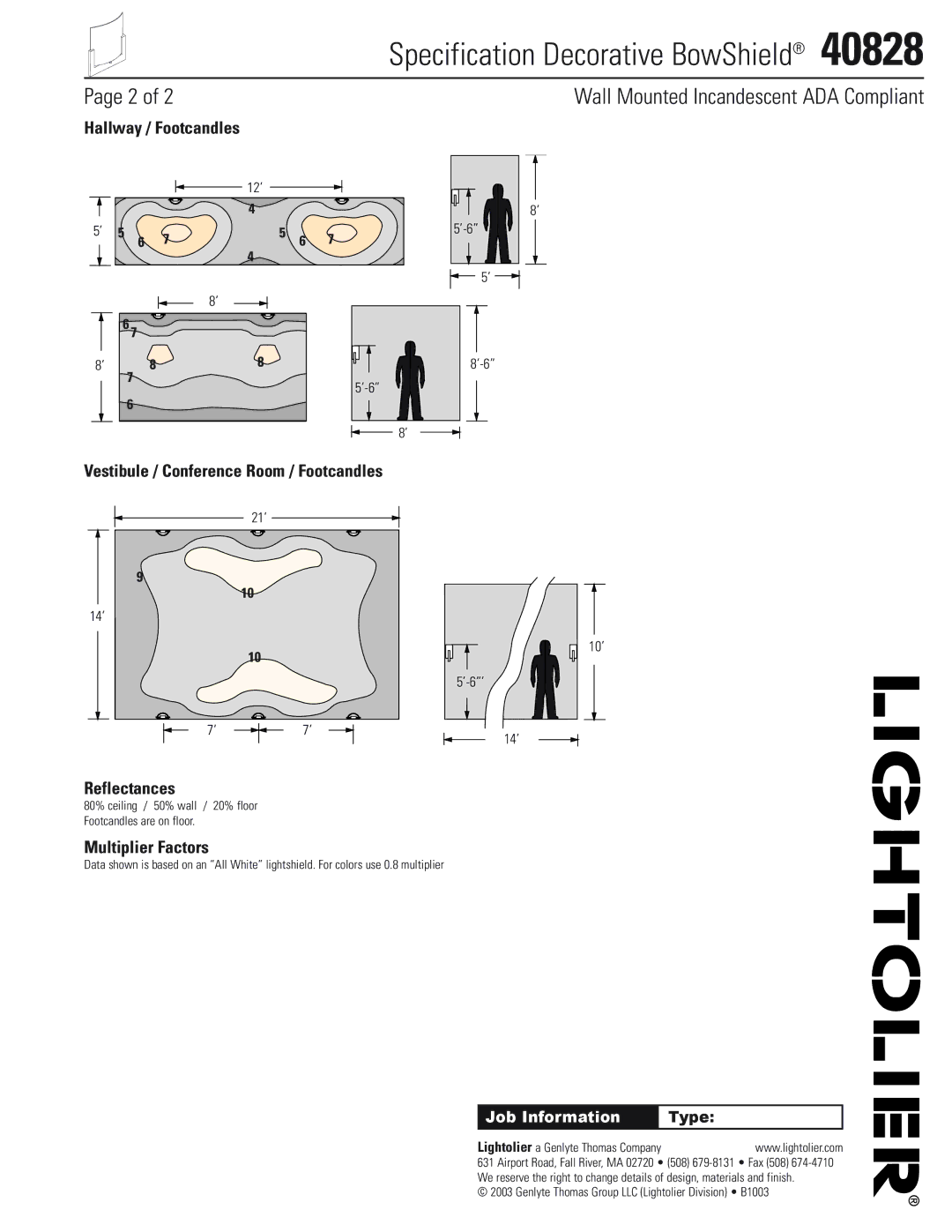 Lightolier 40828 manual Hallway / Footcandles, Vestibule / Conference Room / Footcandles, Reflectances, Multiplier Factors 