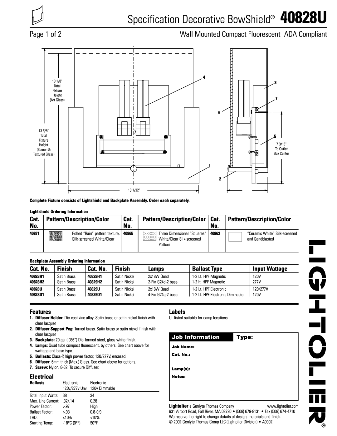 Lightolier manual Page 1 of, Specification Decorative BowShield 40828U 