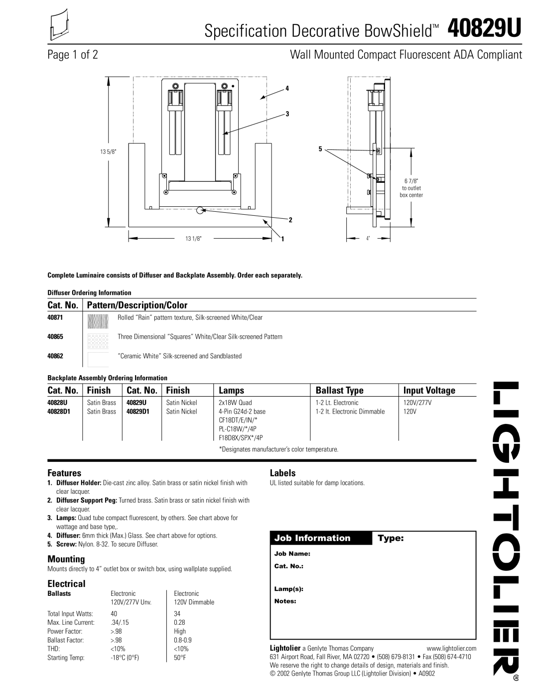 Lightolier 40829U manual Cat. No. Pattern/Description/Color, Finish Lamps Ballast Type Input Voltage, Features, Labels 