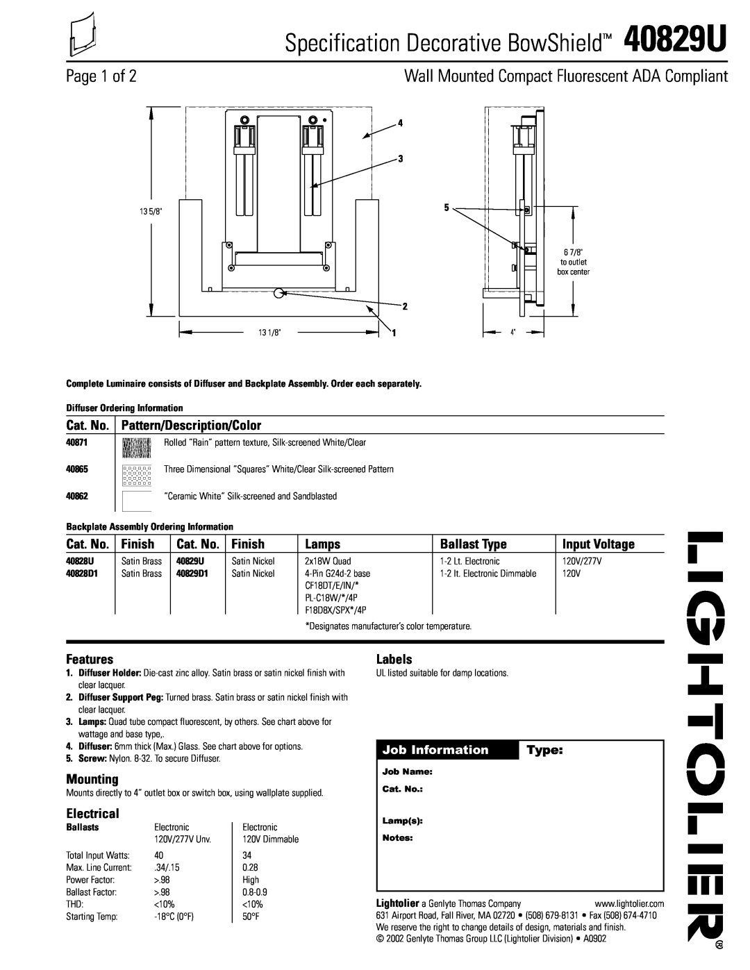 Lightolier manual Specification Decorative BowShield 40829U, Page 1 of, Wall Mounted Compact Fluorescent ADA Compliant 
