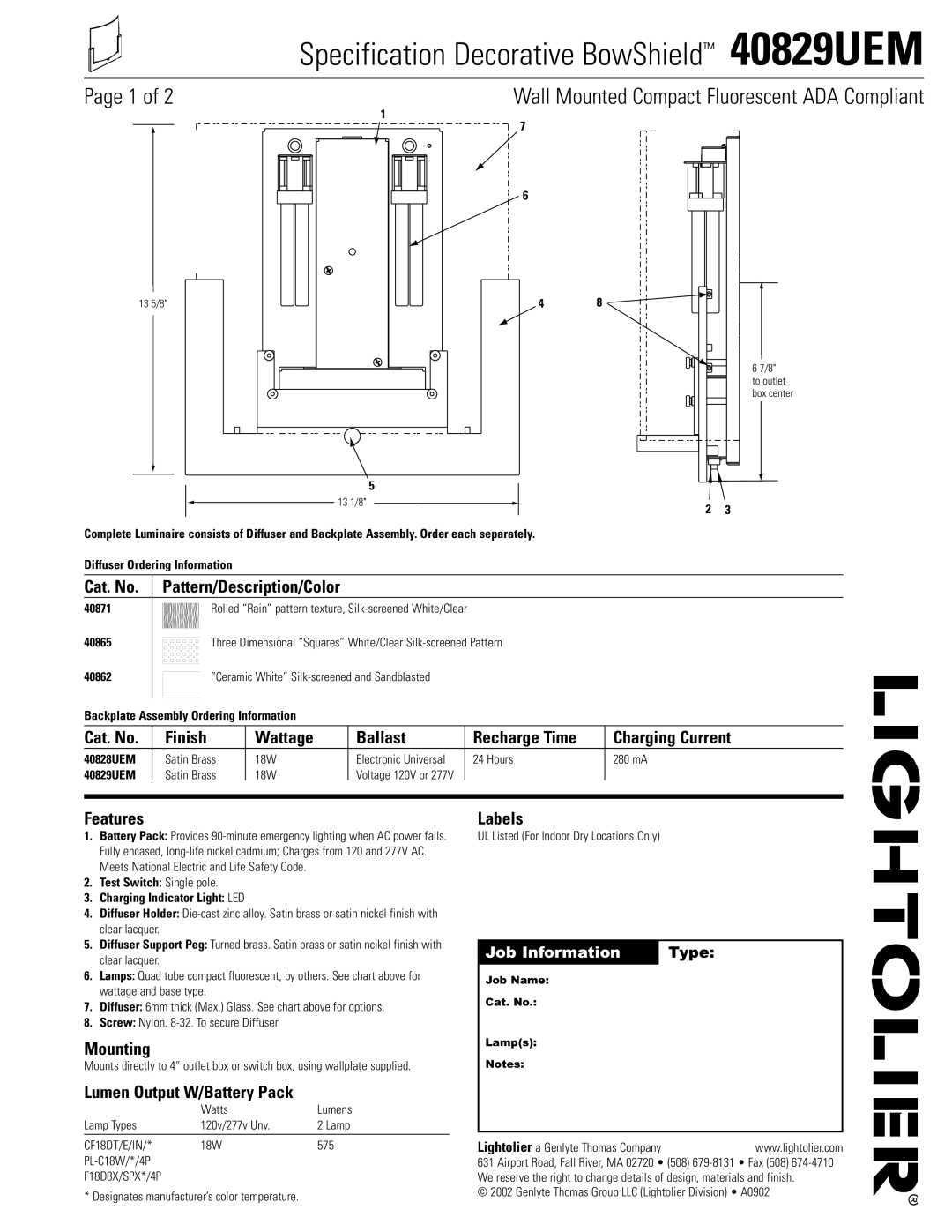 Lightolier 40829UEM manual Cat. No Pattern/Description/Color, Features, Mounting, Lumen Output W/Battery Pack, Labels 