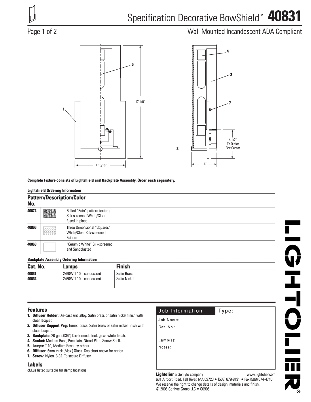Lightolier 40831 manual Specification Decorative BowShield, Page 1 of, Pattern/Description/Color No, Cat. No, Lamps, Type 