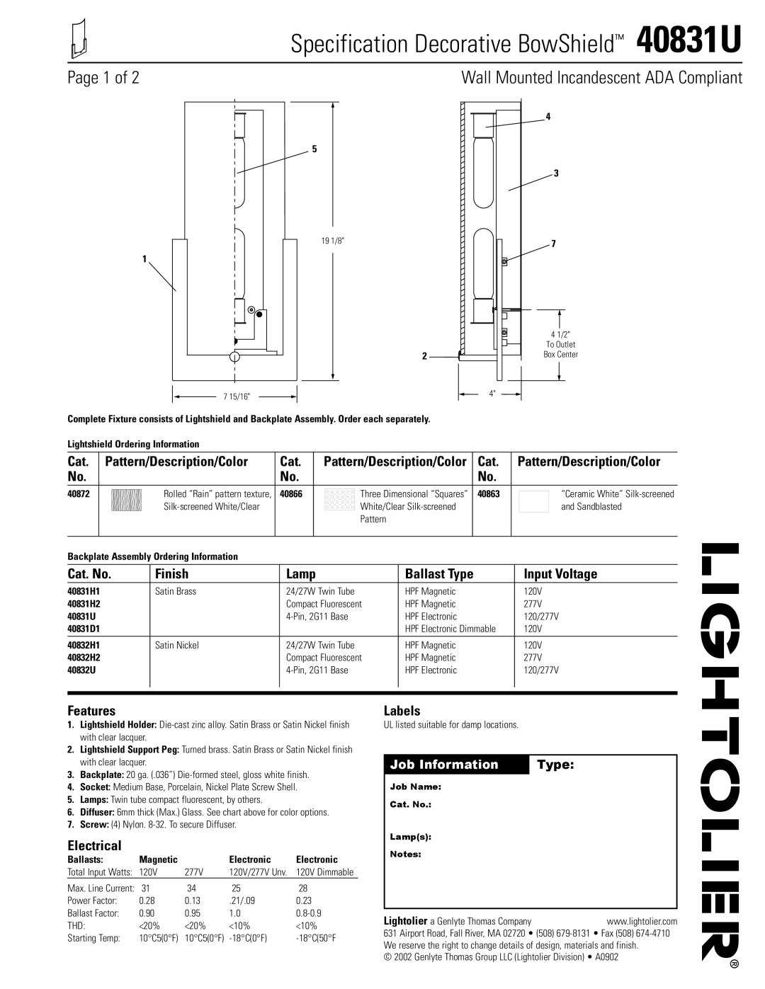 Lightolier 40831U manual Cat Pattern/Description/Color, Cat. No Finish Lamp Ballast Type Input Voltage, Features, Labels 