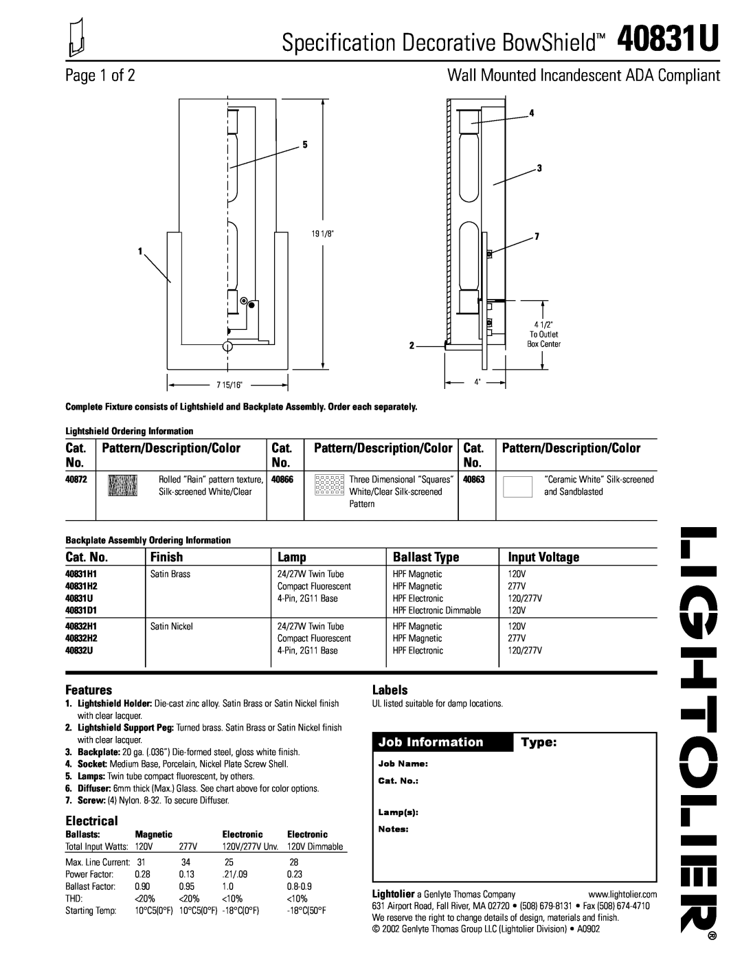 Lightolier manual Specification Decorative BowShield 40831U, Page 1 of, Wall Mounted Incandescent ADA Compliant 