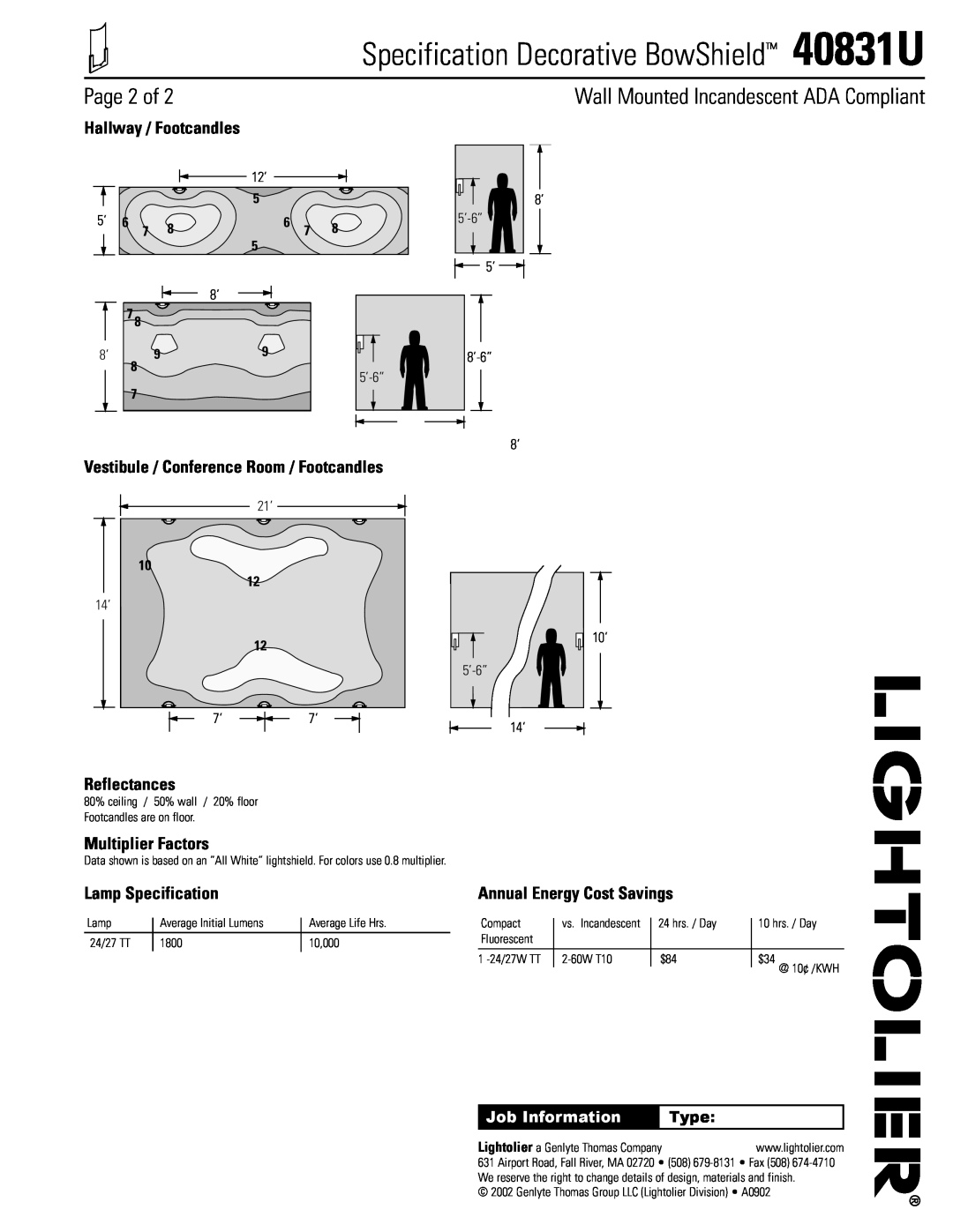 Lightolier manual Page 2 of, Specification Decorative BowShield 40831U, Wall Mounted Incandescent ADA Compliant, Type 