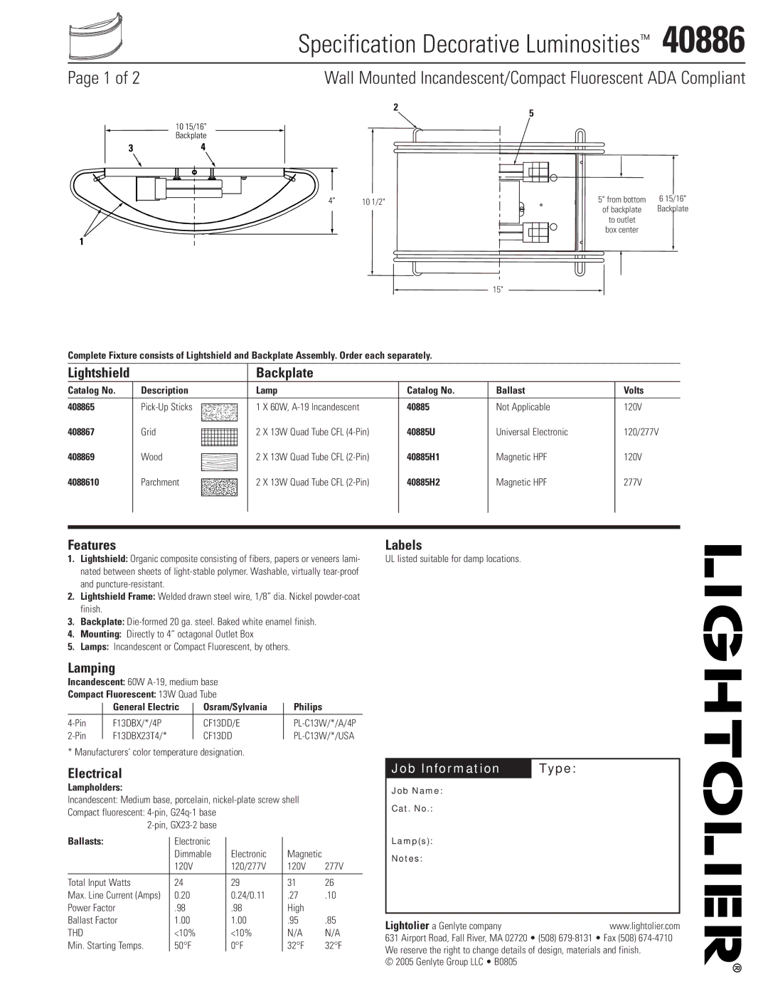 Lightolier 40886 manual Backplate, Features Labels, Lamping, Electrical 