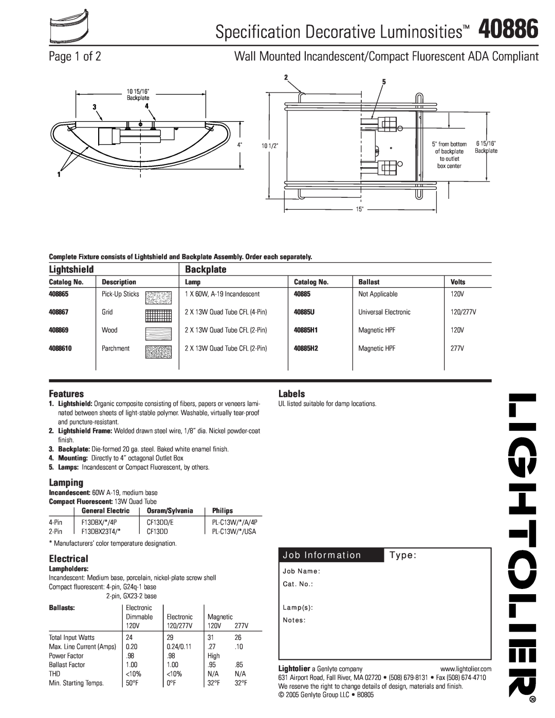 Lightolier 40886 manual Specification Decorative Luminosities, Page 1 of, Backplate, Features, Labels, Lamping, Electrical 