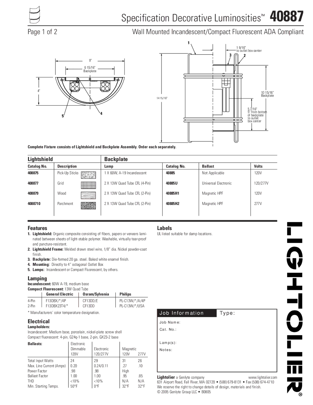 Lightolier 40887 manual Backplate, Features, Lamping, Electrical, Labels 