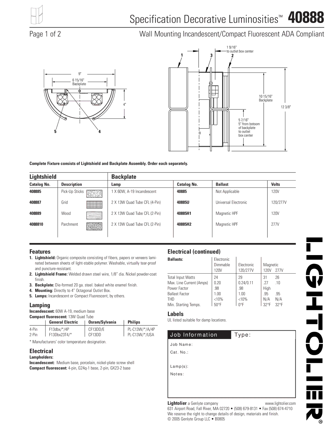 Lightolier 40888 manual Backplate, Features, Lamping, Electrical, Labels 