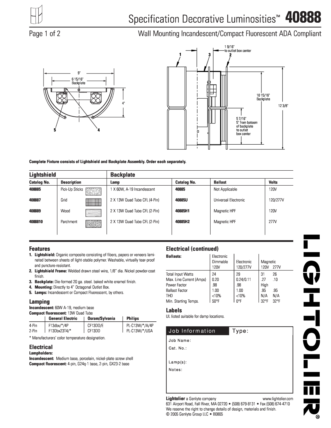 Lightolier 40888 manual Specification Decorative Luminosities, Page 1 of, Backplate, Features, Lamping, Electrical, Labels 