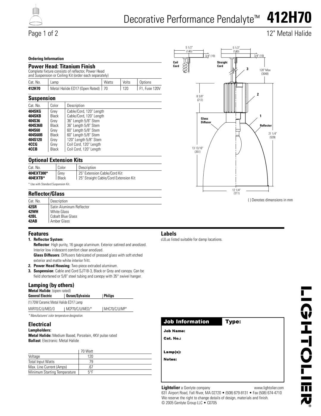 Lightolier 412H70 dimensions Power Head Titanium Finish, Suspension, Optional Extension Kits, Reflector/Glass, Electrical 