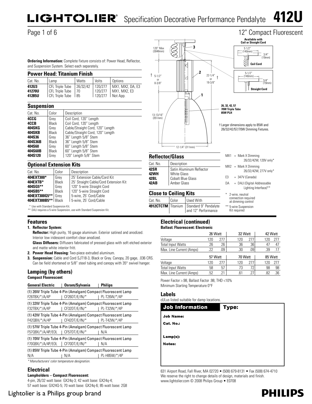 Lightolier 412U manual Cat. No Lamp Watts Volts Options, 26/32/42 120/277, 120/277 MX1, MX2, E3, 120/277 Not App, Titanium 