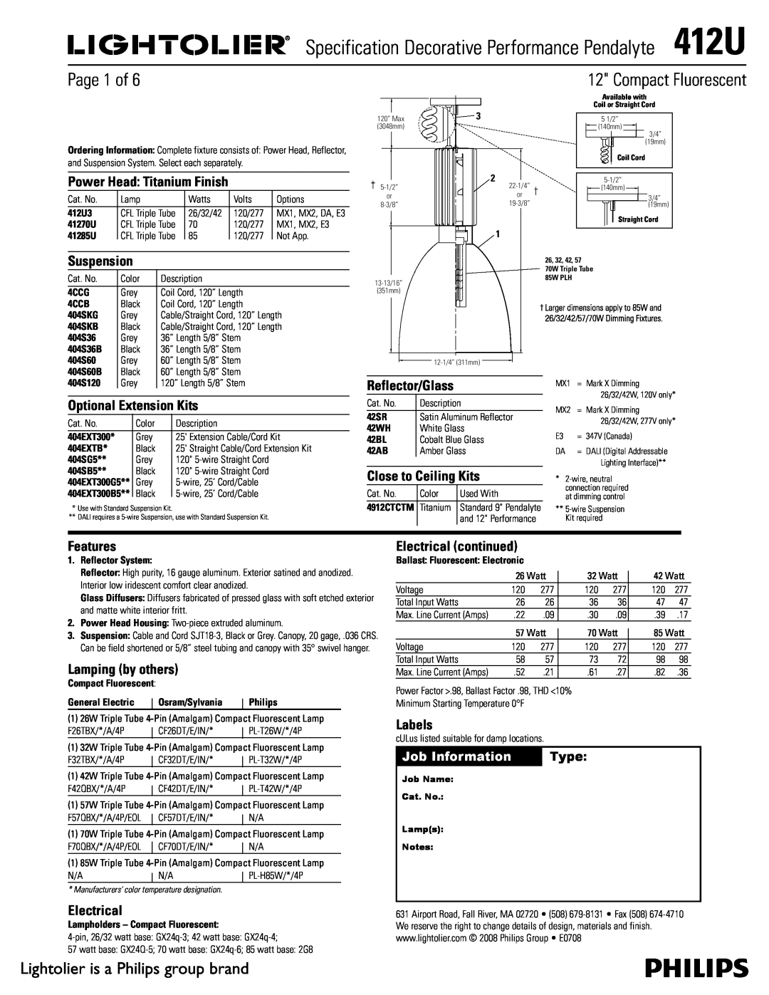 Lightolier 412U manual Page 1 of, Compact Fluorescent, Lightolier is a Philips group brand, Power Head Titanium Finish 