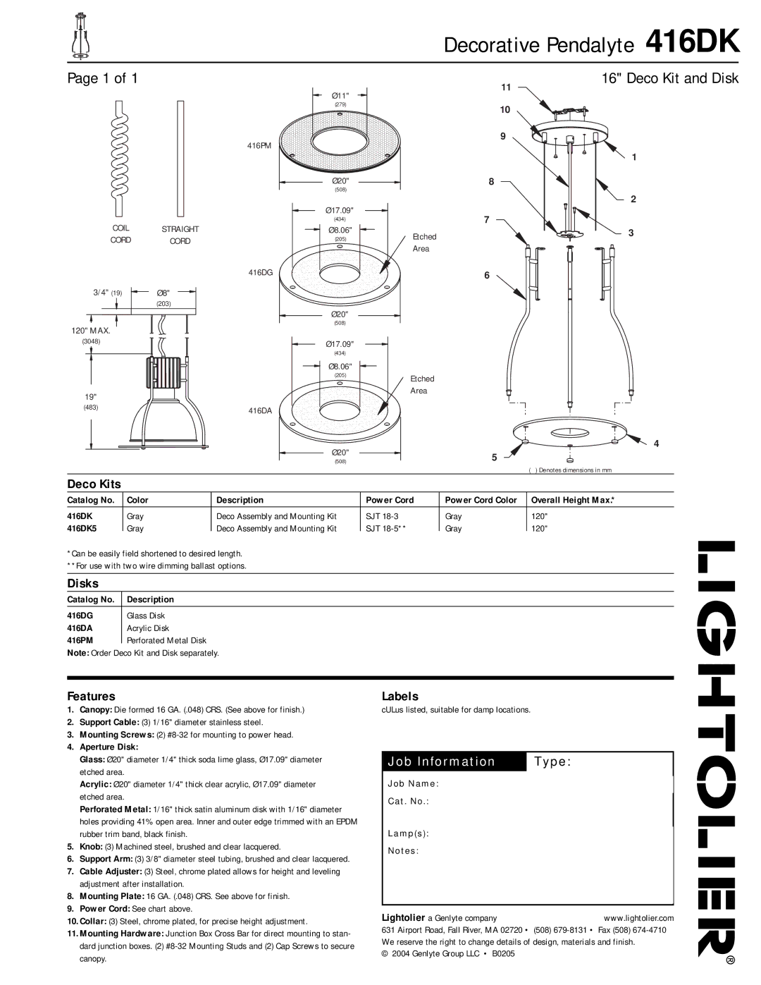 Lightolier dimensions Decorative Pendalyte 416DK, Deco Kit and Disk 