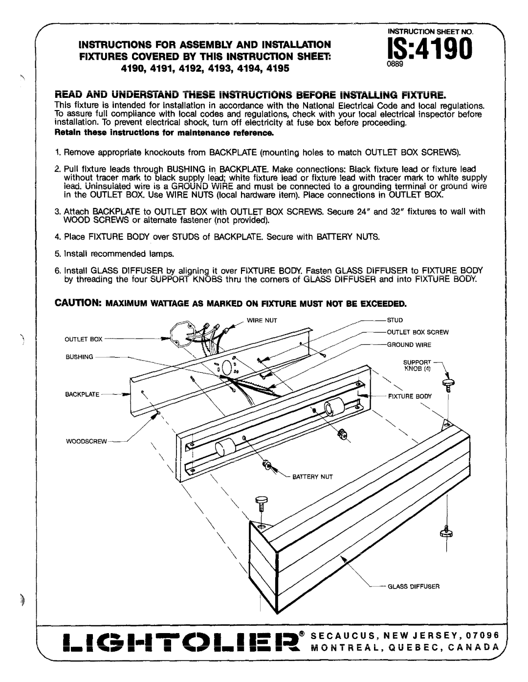 Lightolier 4195, 419i, 4194, 4192, 4193 instruction sheet IS4190 