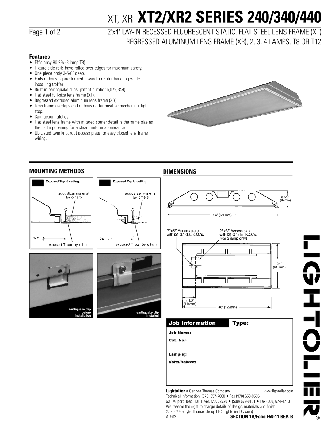 Lightolier 240, 440, 340 dimensions Mounting Methods, Dimensions 