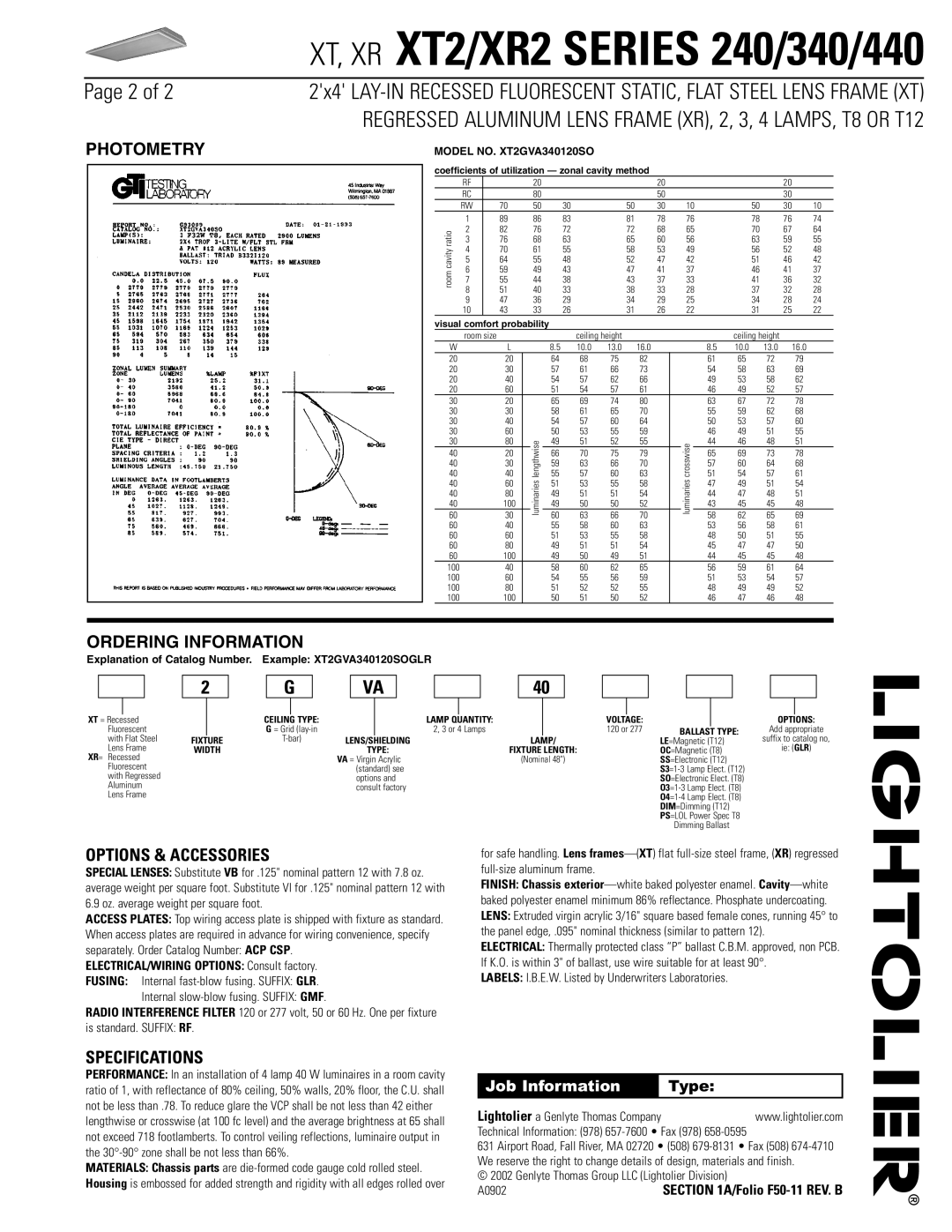 Lightolier 340, 440, 240 dimensions Photometry, Ordering Information, Options & Accessories, Specifications 