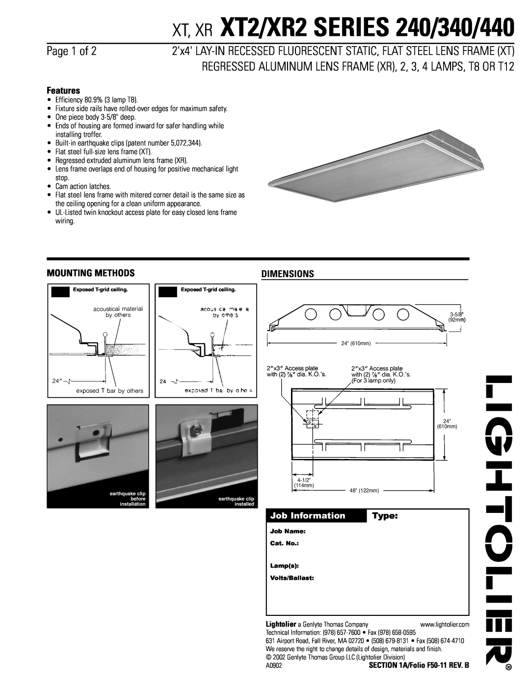 Lightolier dimensions XT, XR XT2/XR2 SERIES 240/340/440, Page 1 of, Features, Mounting Methods, Dimensions, Type 