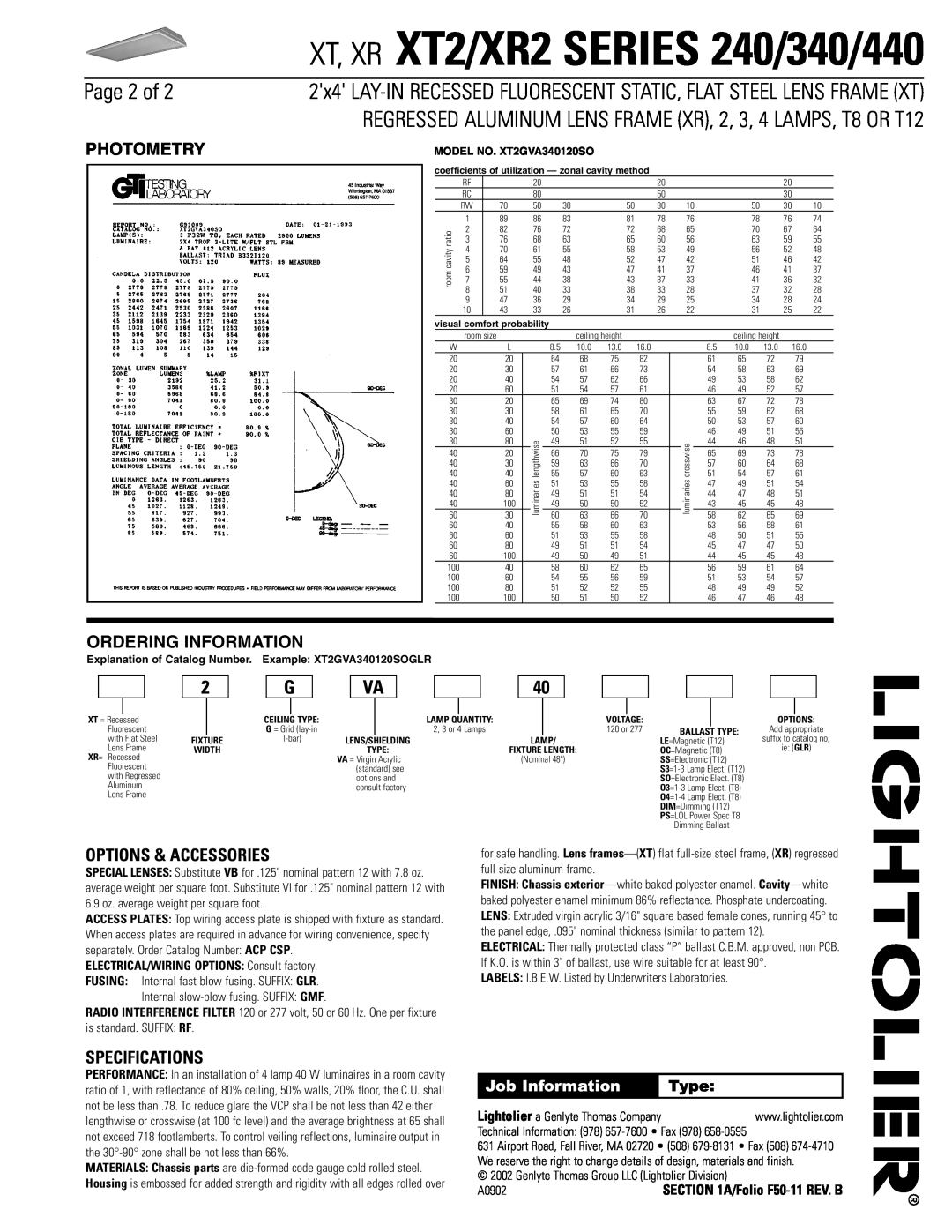 Lightolier Page 2 of, Options & Accessories, Specifications, XT, XR XT2/XR2 SERIES 240/340/440, Photometry, Type, Lamp 