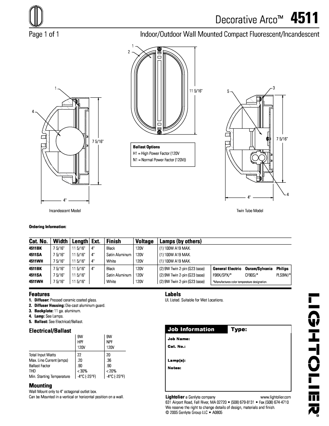 Lightolier 4511 manual Decorative Arco, Page 1 of, Width, Finish, Voltage, Lamps by others, Features, Labels, Mounting 