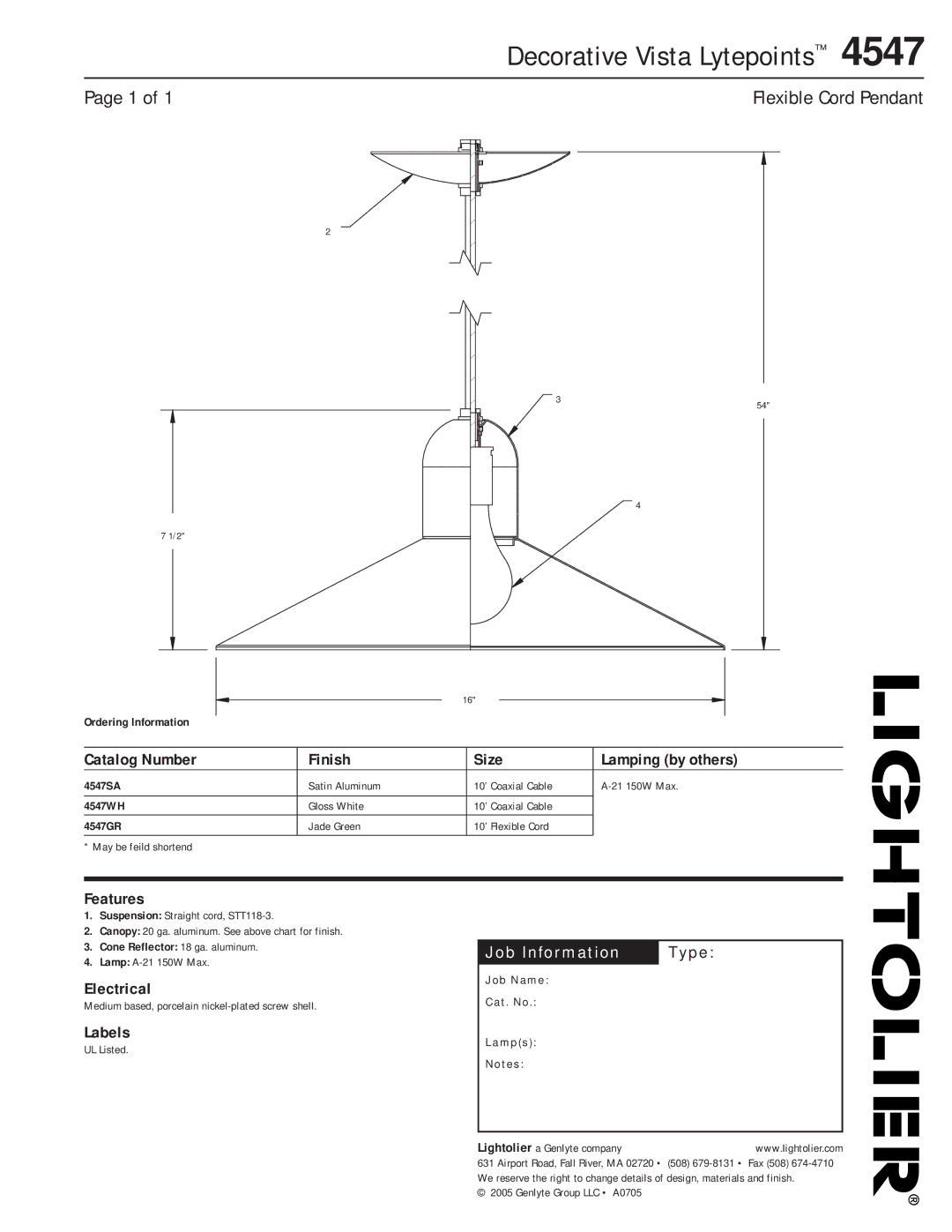 Lightolier 4547 manual Decorative Vista Lytepoints, Catalog Number Finish Size Lamping by others, Features, Electrical 